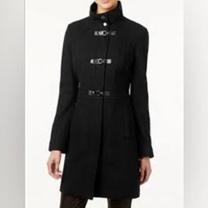Kenneth Cole New York Black Wool Blend Buckle Coat Sz 10